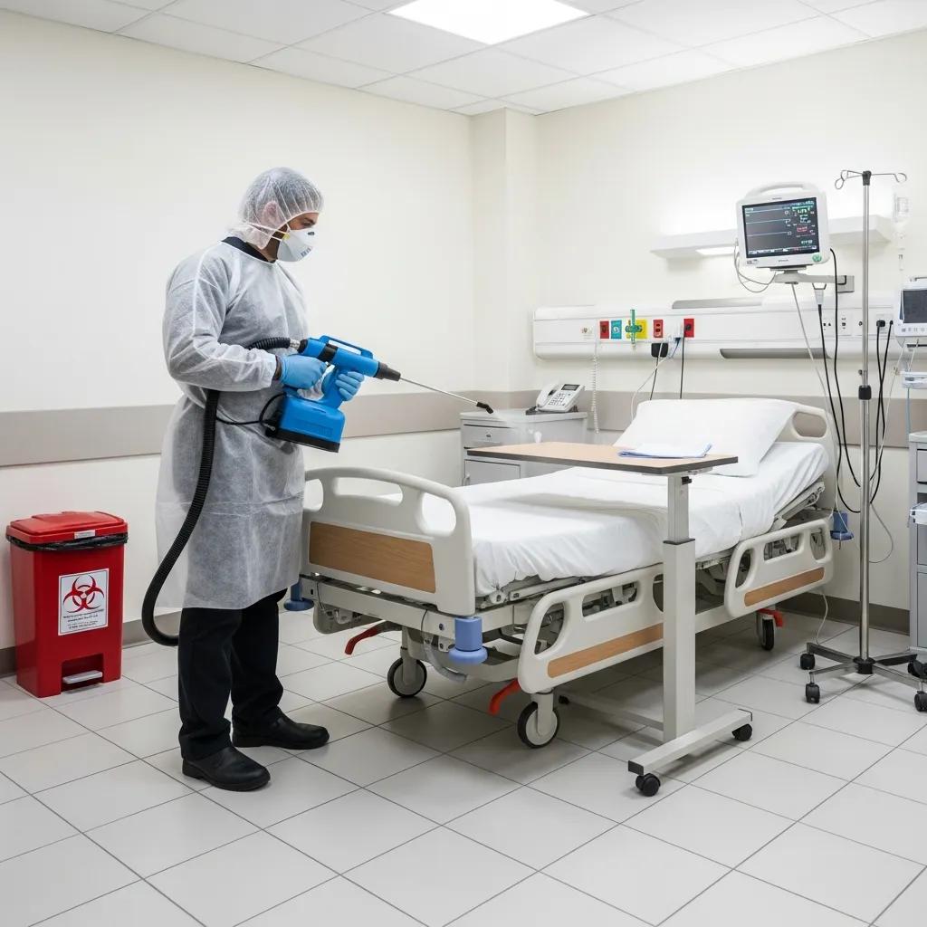 Cleaner following medical-grade protocols in a clinic environment