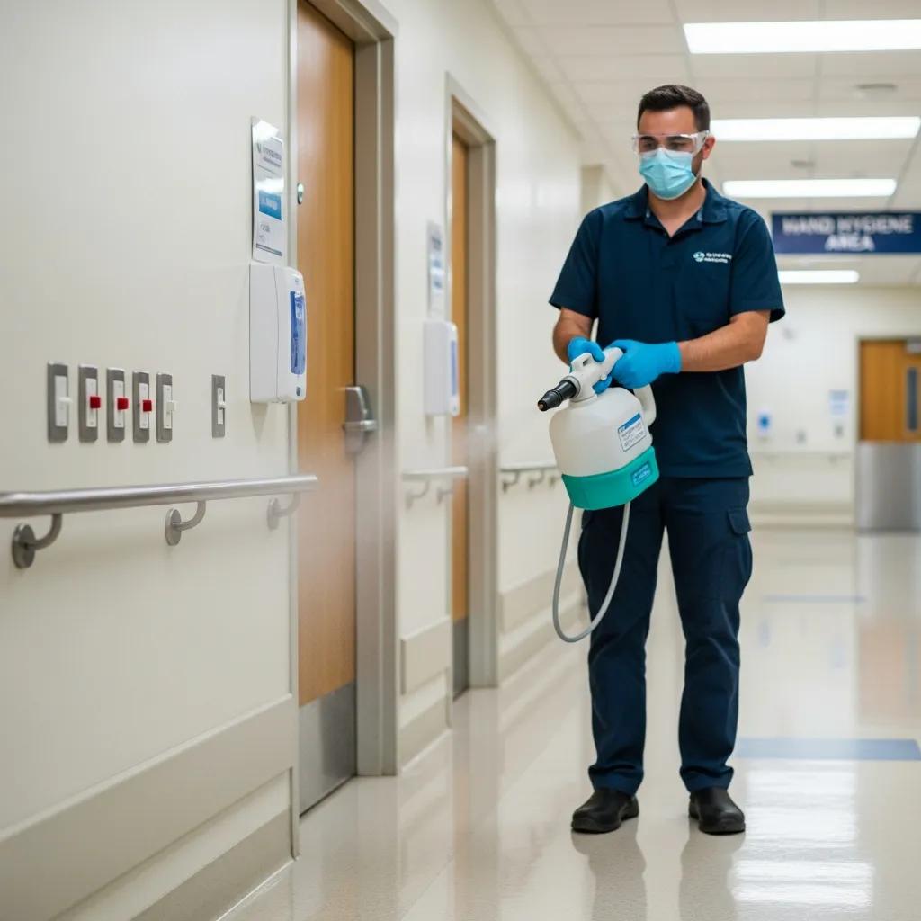 Team member using an electrostatic sprayer in a clinical setting to improve hygiene and safety