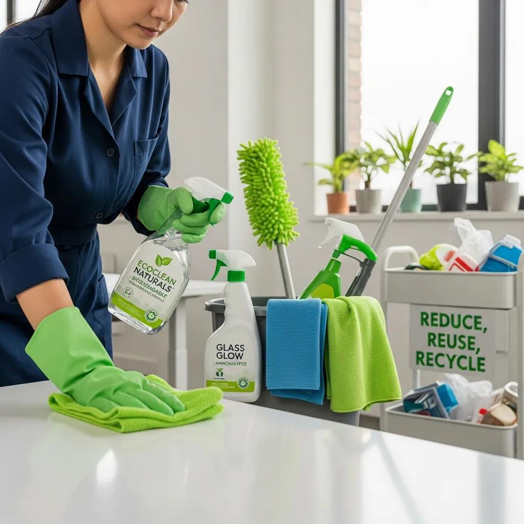 Cleaning professional using environmentally friendly products in an office
