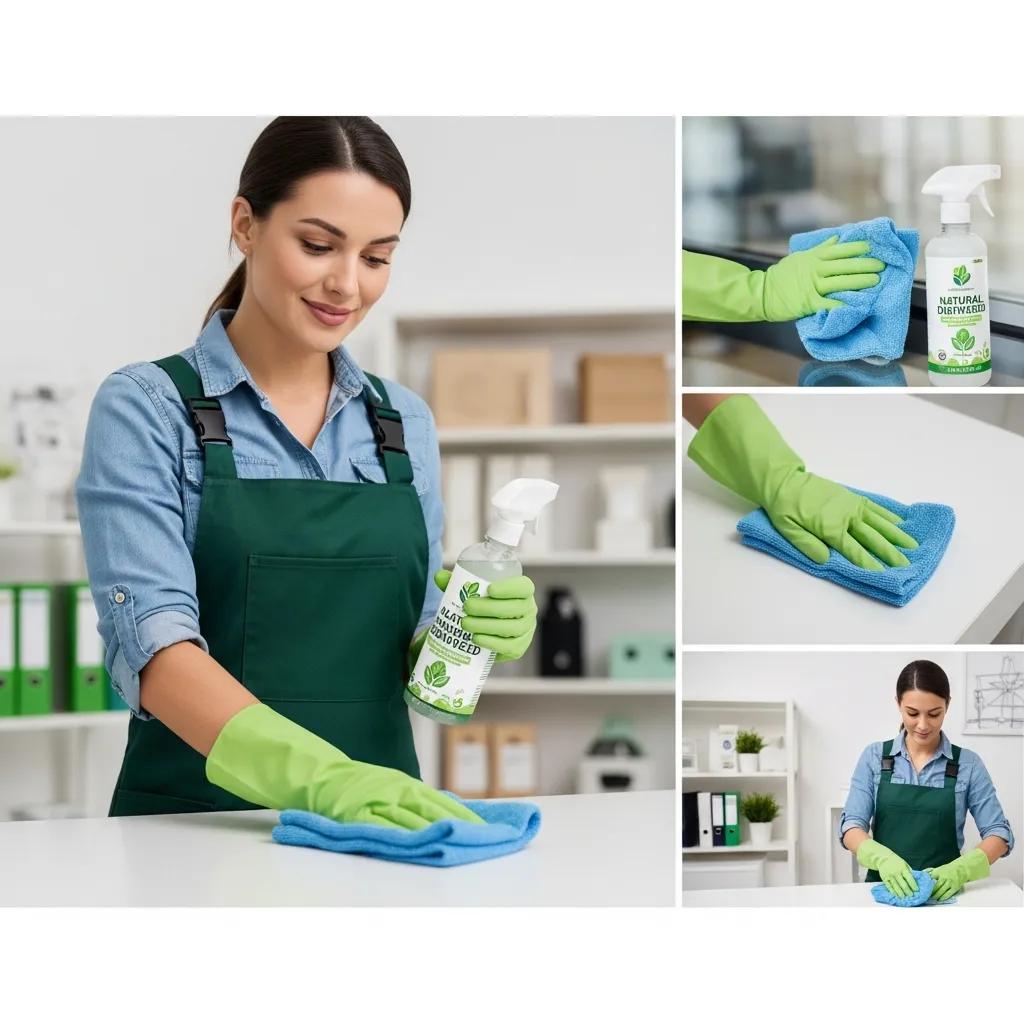 Cleaner using eco-friendly products in a commercial space to demonstrate responsible green cleaning practices