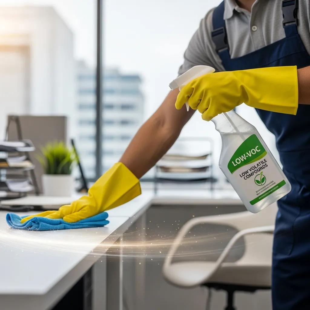 Cleaner using low-VOC solution in a commercial workspace
