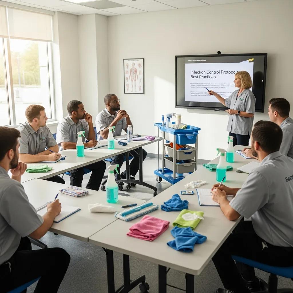 Training session with cleaning staff reviewing infection control procedures in a clinical setting