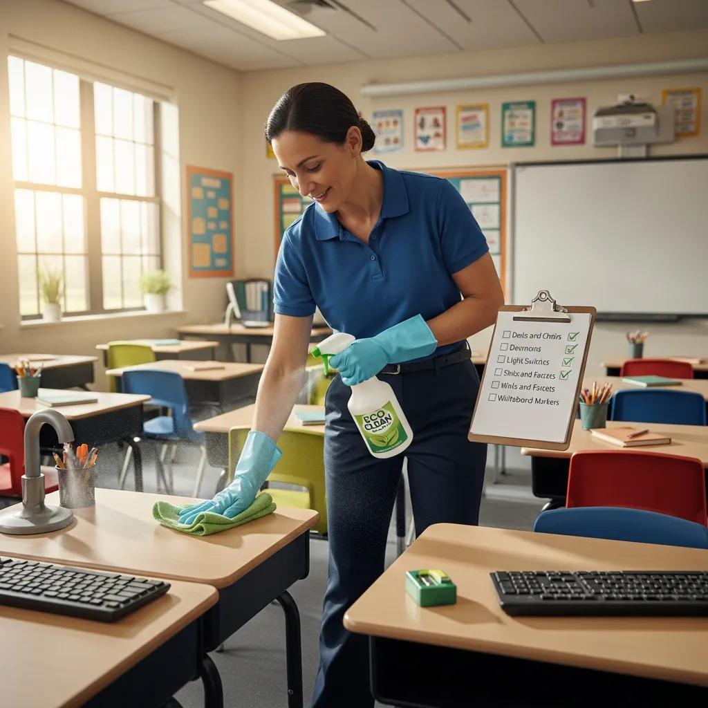 Cleaning staff member disinfecting classroom surfaces, illustrating core disinfection protocols for schools