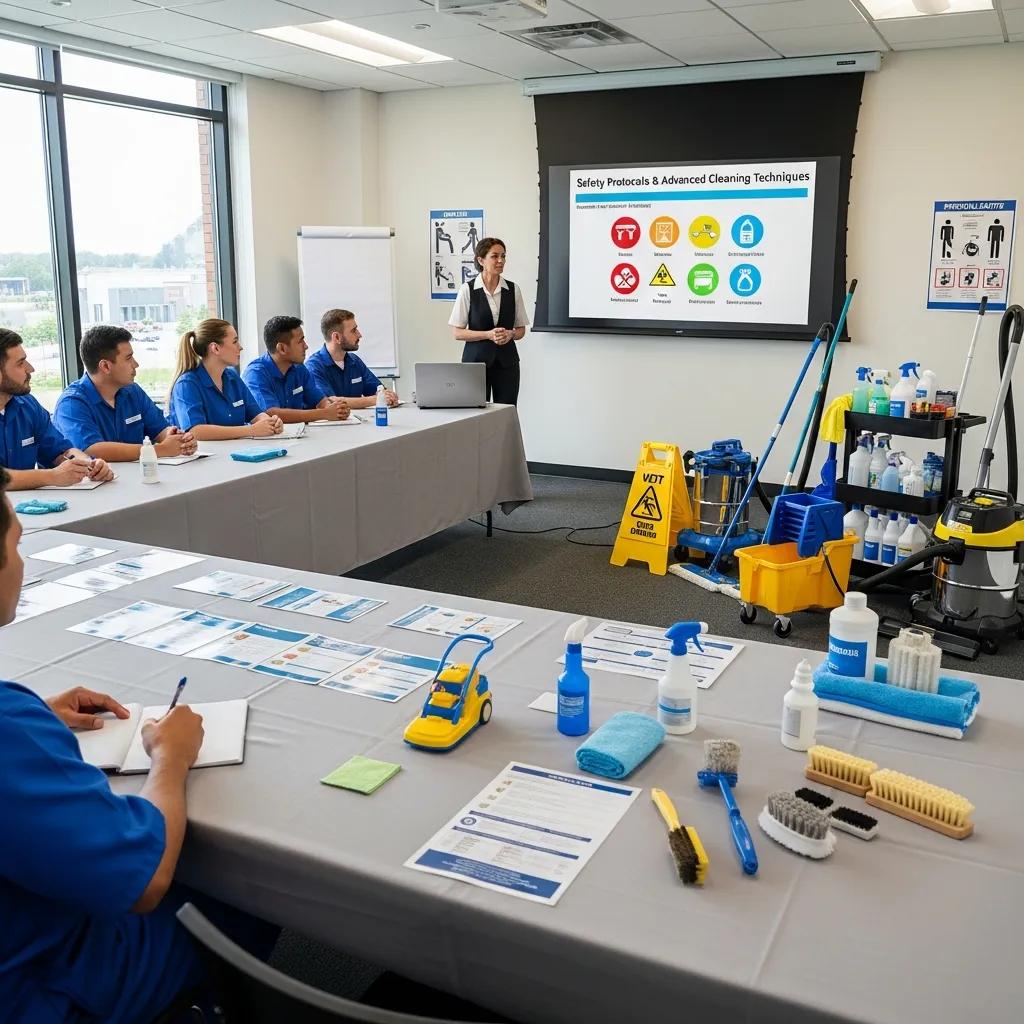Cleaning staff in a training session on safety and techniques