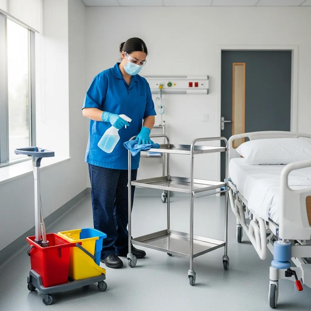 Cleaning staff performing pre-cleaning protocols in a medical centre