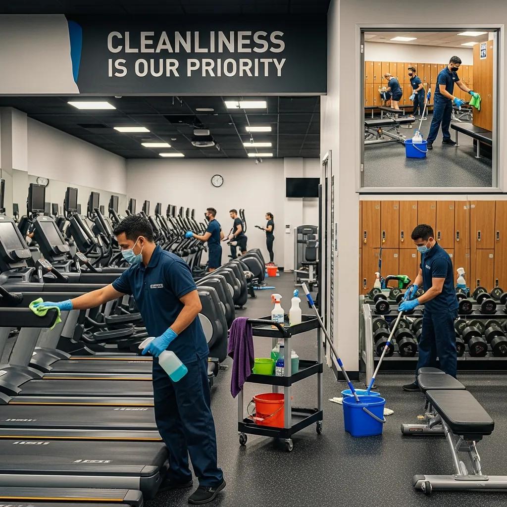 Cleaning staff sanitizing cardio machines and locker rooms in a gym