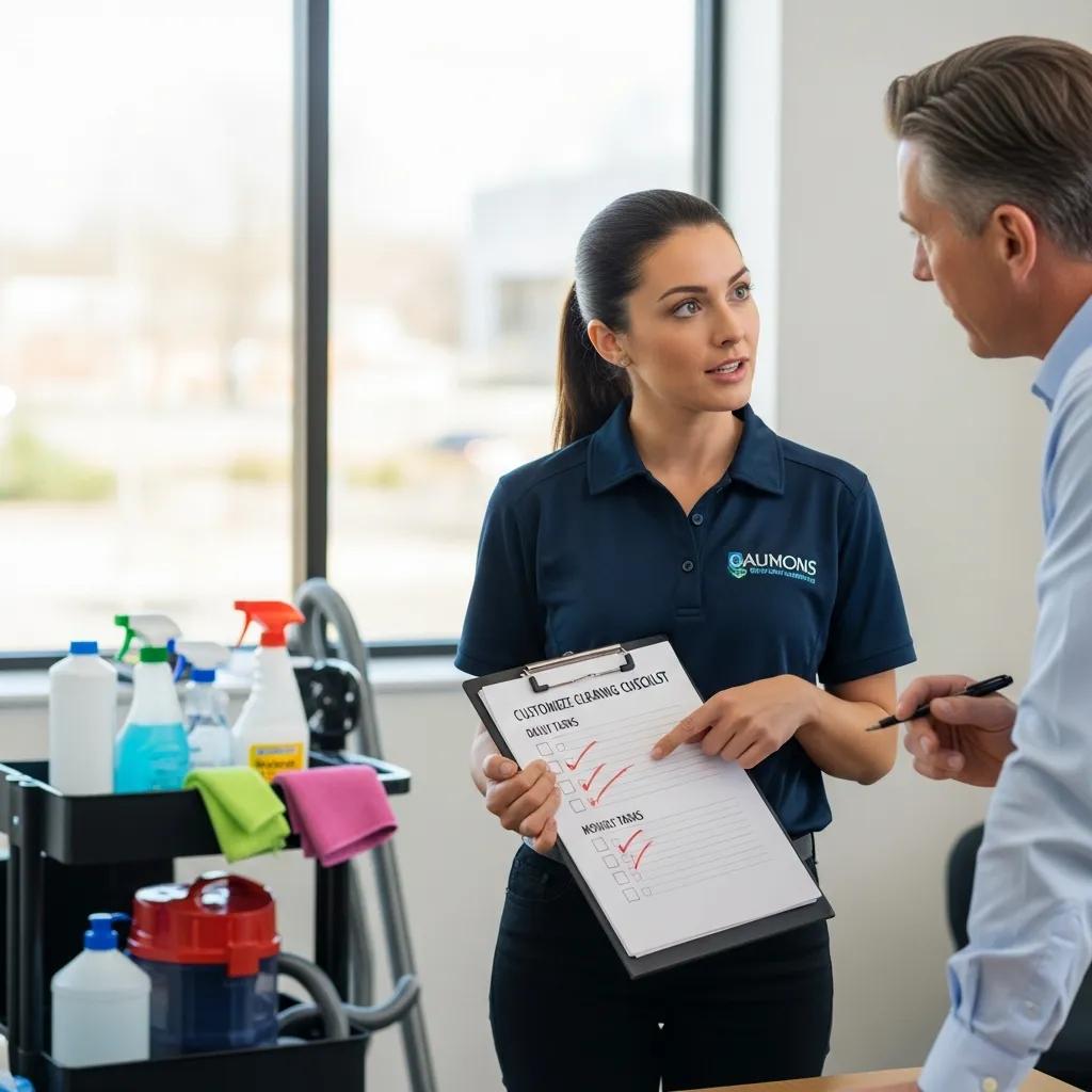 Supervisor reviewing a customised office cleaning checklist with a client