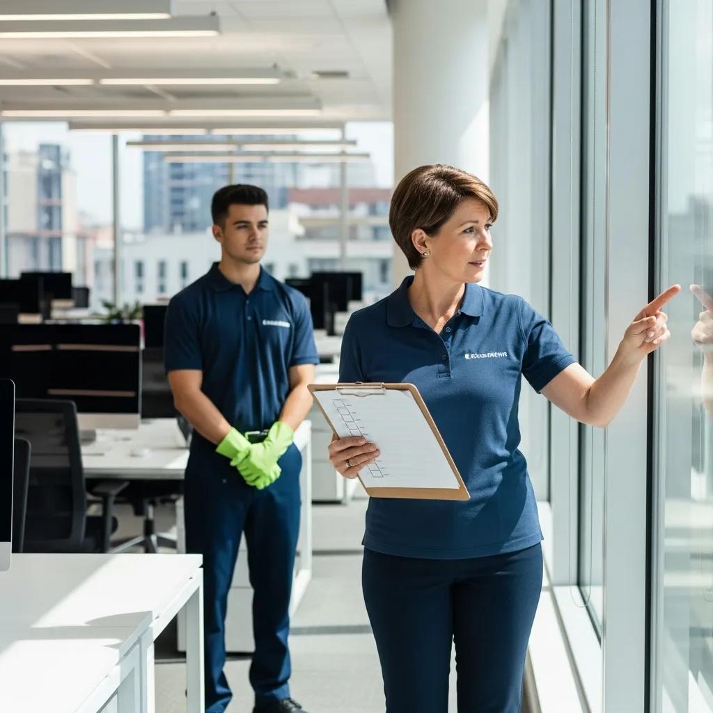 Supervisor inspecting a commercial space to confirm cleaning standards and quality