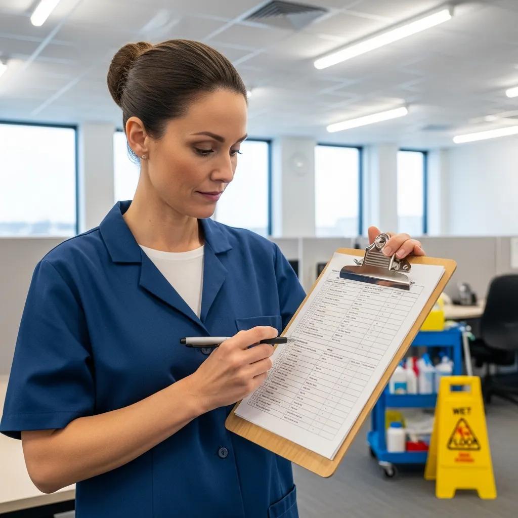 Supervisor checking a cleaning quality checklist in an office — practical quality assurance in action