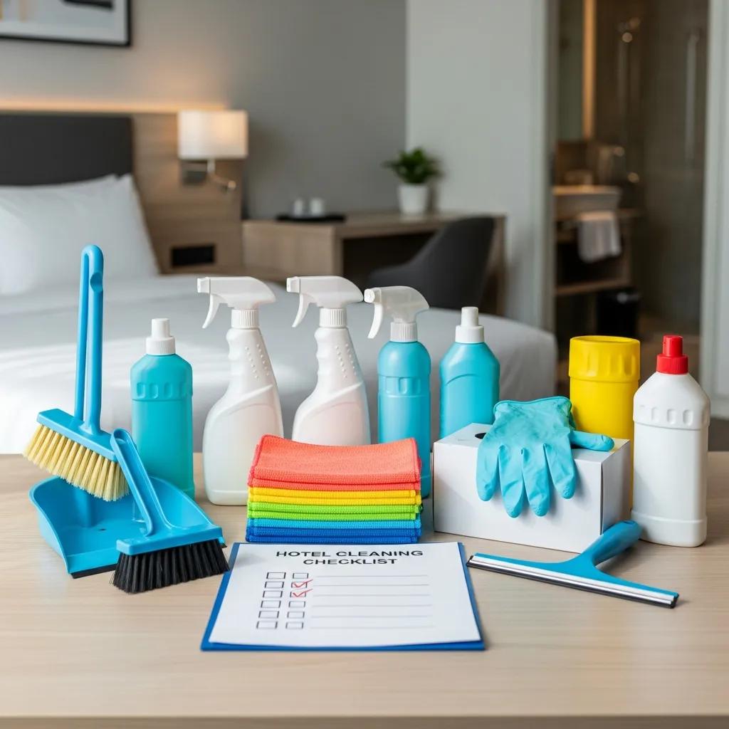 Cleaning supplies and equipment for hotel cleaning, representing essential hygiene standards and protocols