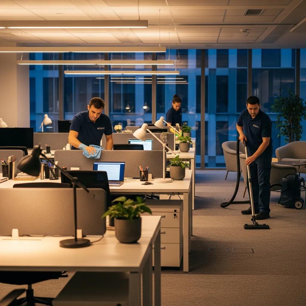 After-hours cleaning team quietly working in an office to avoid disrupting staff and clients