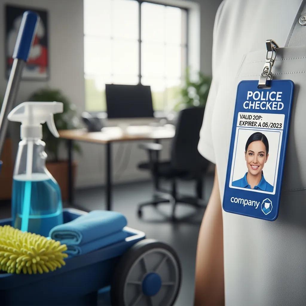 Police-checked badge beside cleaning equipment, representing trust and dependable commercial cleaning