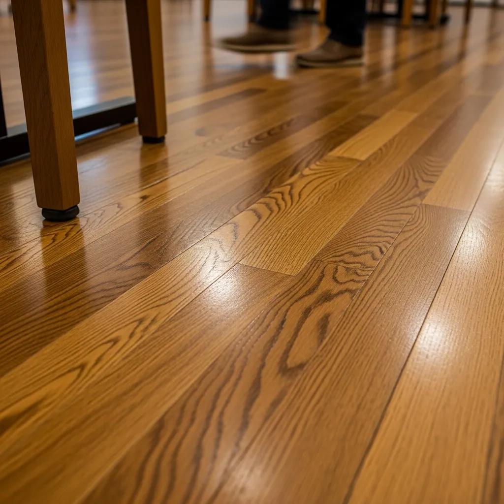 Close-up of a well-maintained hardwood floor in a busy commercial environment