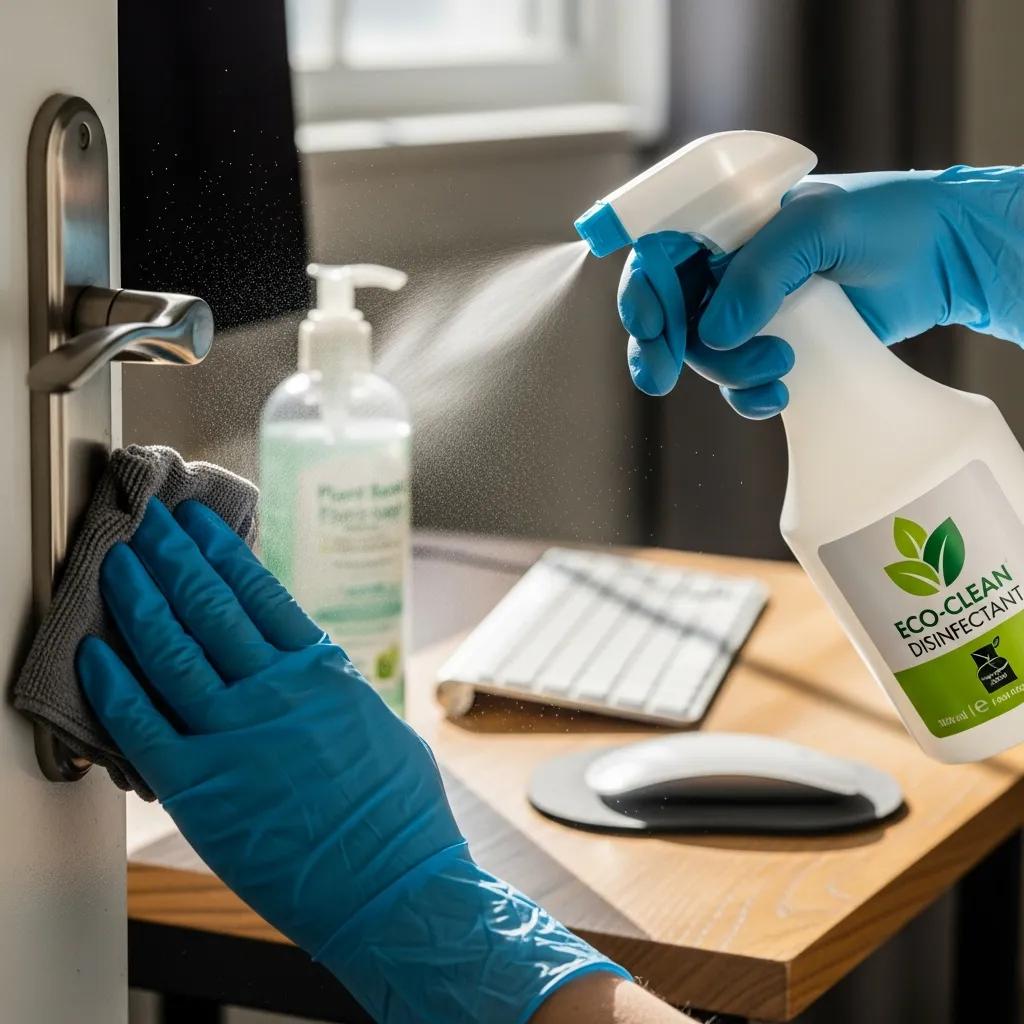 Close-up of high-touch surfaces being disinfected in an office, highlighting health and hygiene advantages of night cleaning