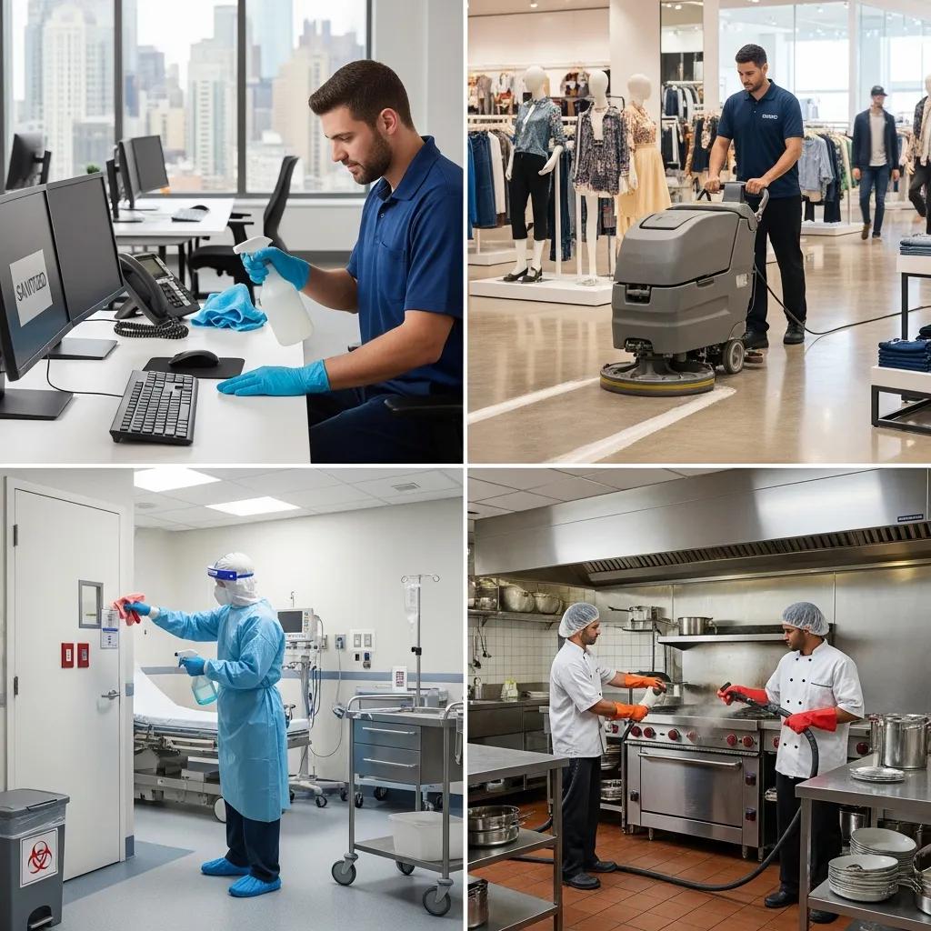 Collage showing tailored cleaning solutions for office, retail and medical sites in Kuluin