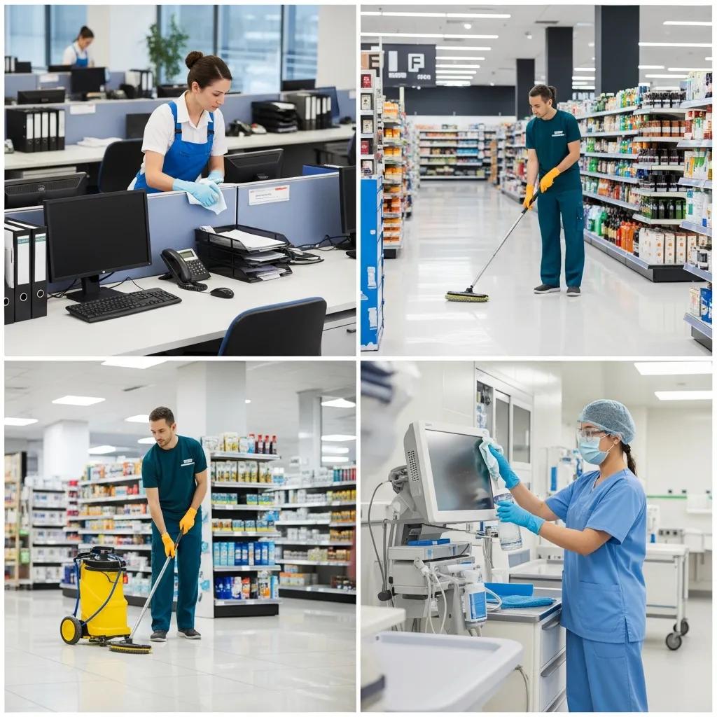 Collage showing tailored cleaning in an office, retail store and medical centre — professional cleaning services