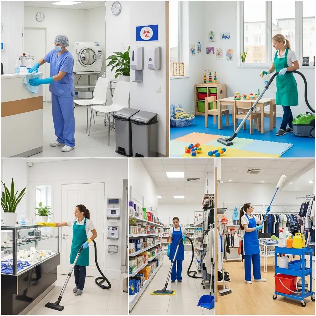 Images showing offices, medical clinics, retail and strata properties with their cleaning needs