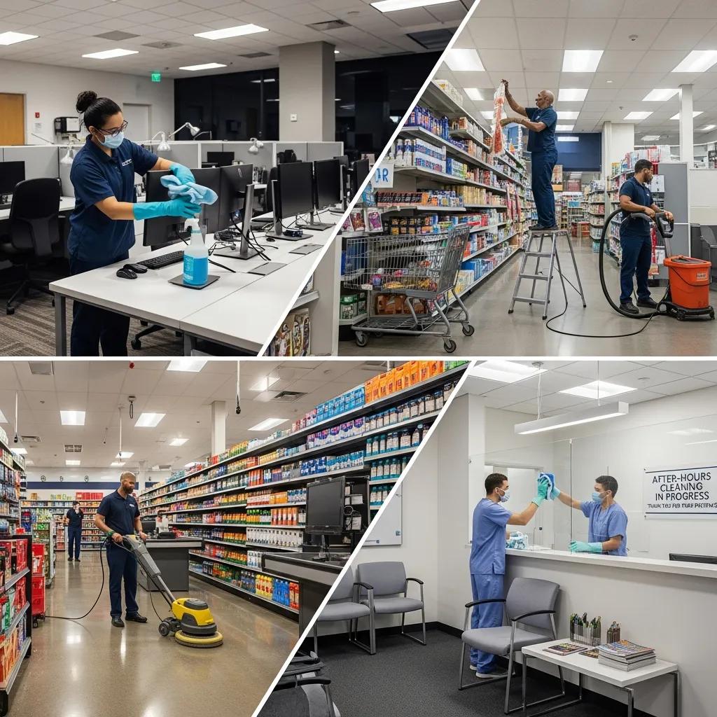 Various business types that use after‑hours cleaning, such as offices, retail and medical centres