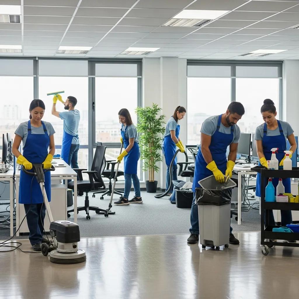 Commercial cleaning team efficiently working in an office environment
