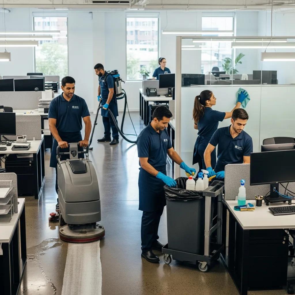 Commercial cleaning team working efficiently in an office environment