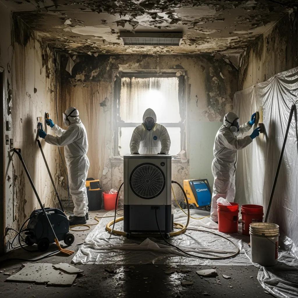 Commercial mold remediation team addressing moisture issues in a building