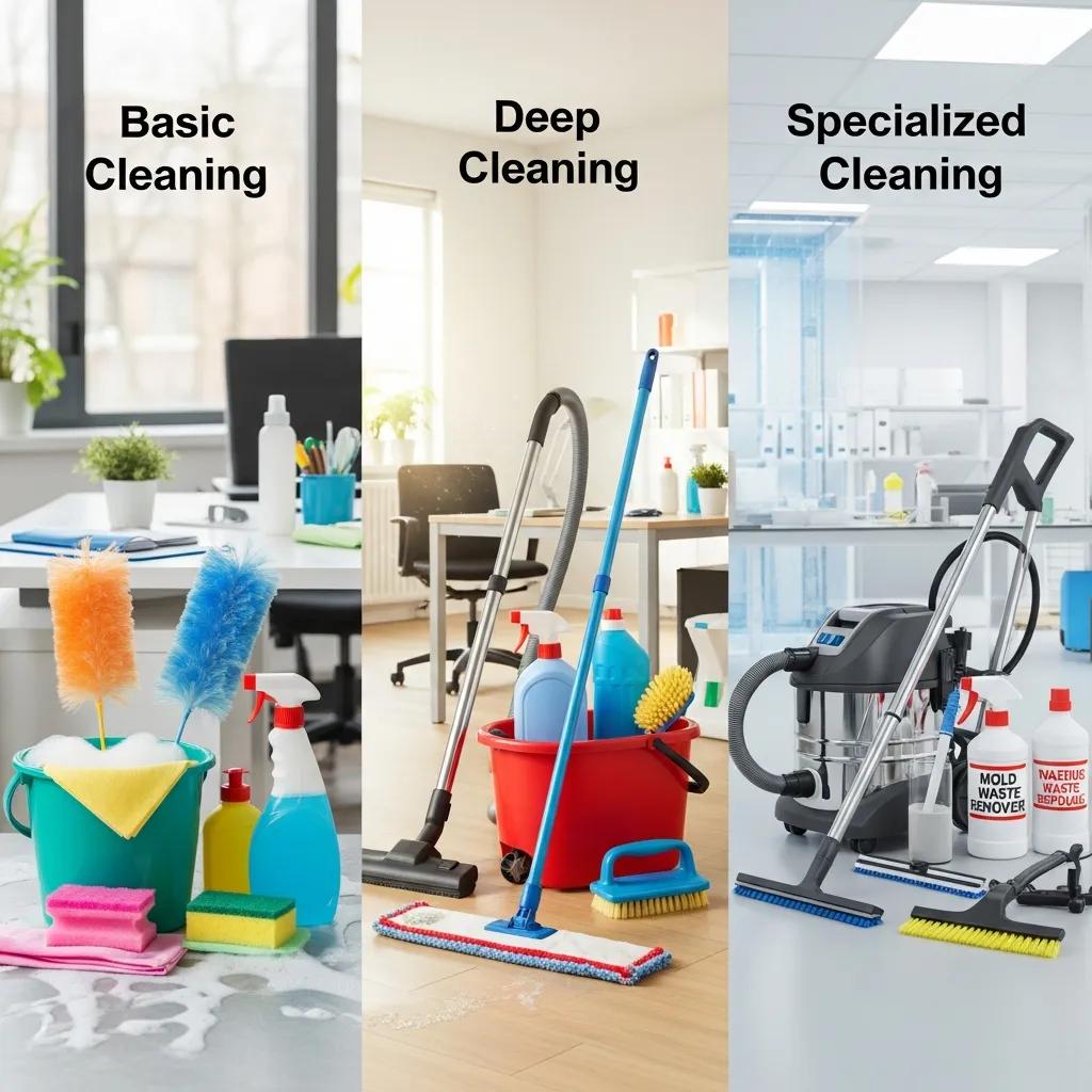 Side-by-side comparison of basic, deep and specialised cleaning with tools and equipment