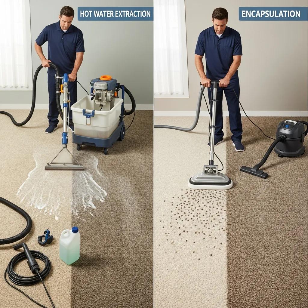 Comparison of carpet cleaning methods, highlighting hot water extraction and encapsulation techniques