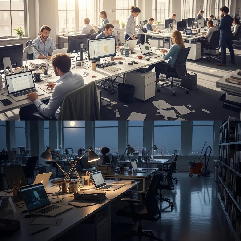 Contrast between a busy office and a clean workspace, illustrating the benefits of after-hours cleaning for productivity