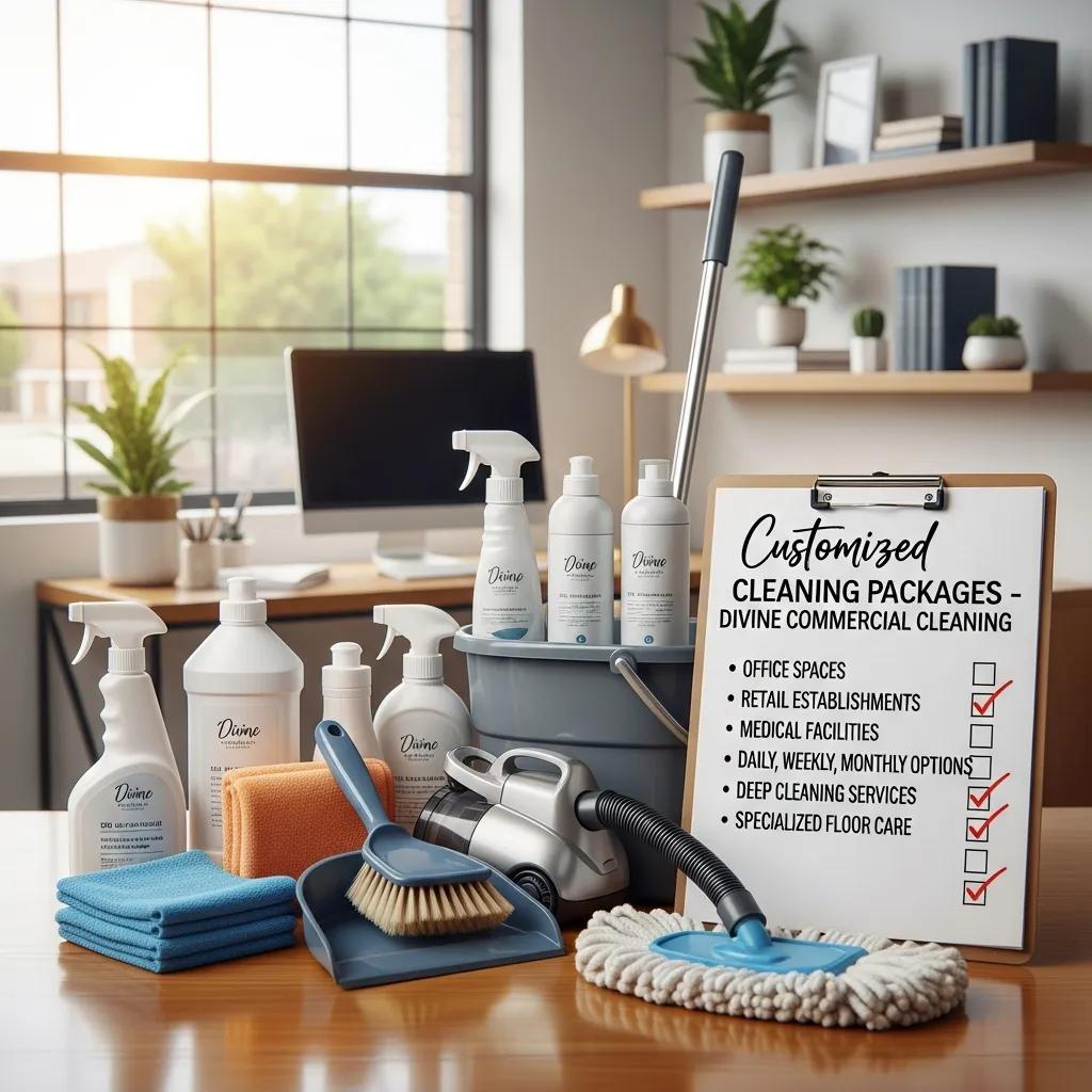 Tiered cleaning packages, supplies and checklist in a neat office