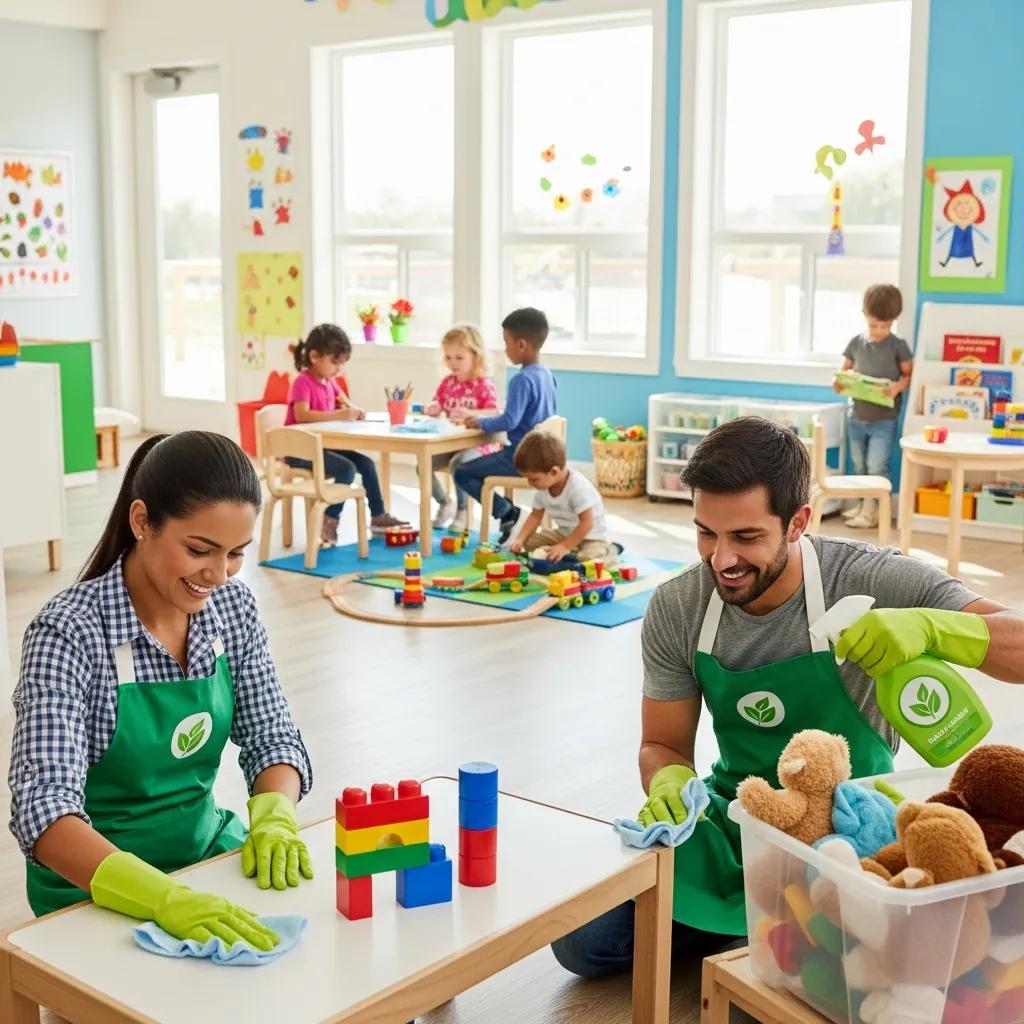Daycare staff cleaning toys and surfaces with child-safe products in a vibrant environment