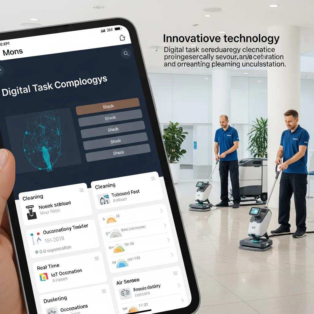 Tablet showing a digital task-tracking system for commercial cleaning
