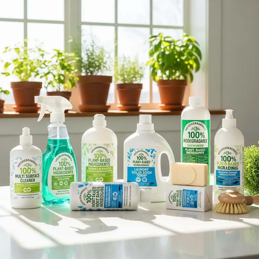 Selection of eco-friendly cleaning products used to reduce environmental impact and protect staff health