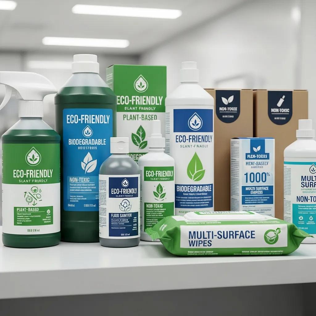 Hospital‑grade and eco‑conscious cleaning products displayed in a clinical context, highlighting sustainable choices