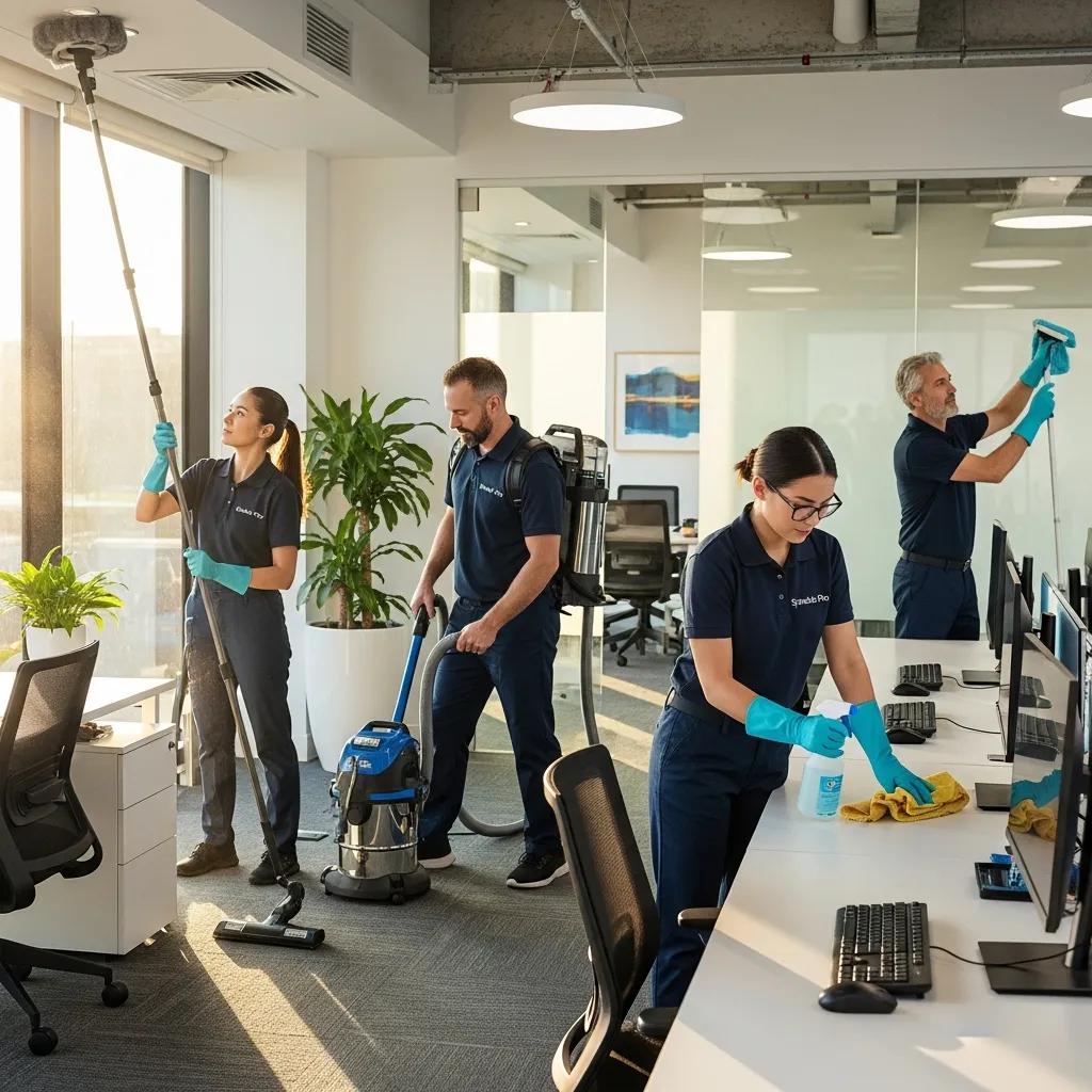Diverse cleaning team performing flexible commercial cleaning in a bright office environment