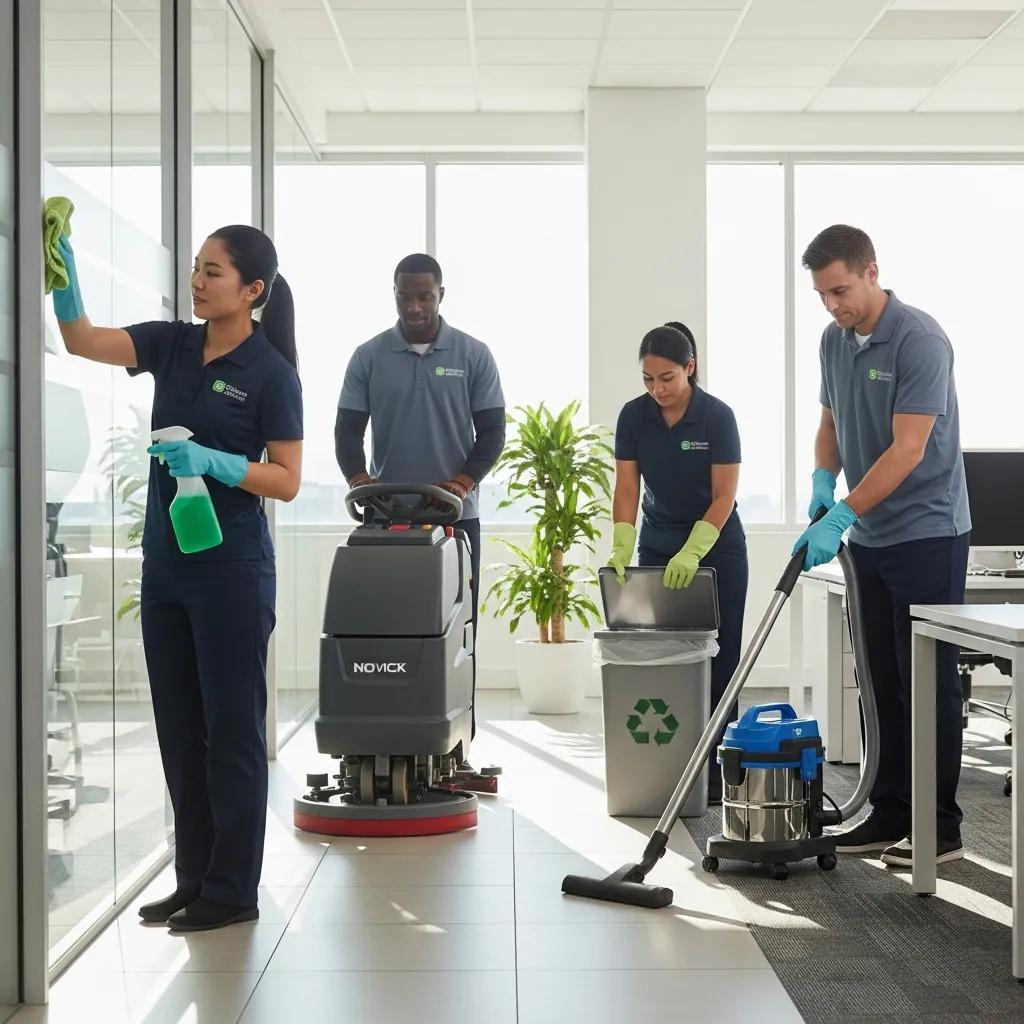 Diverse cleaning team using eco-friendly products in a commercial space
