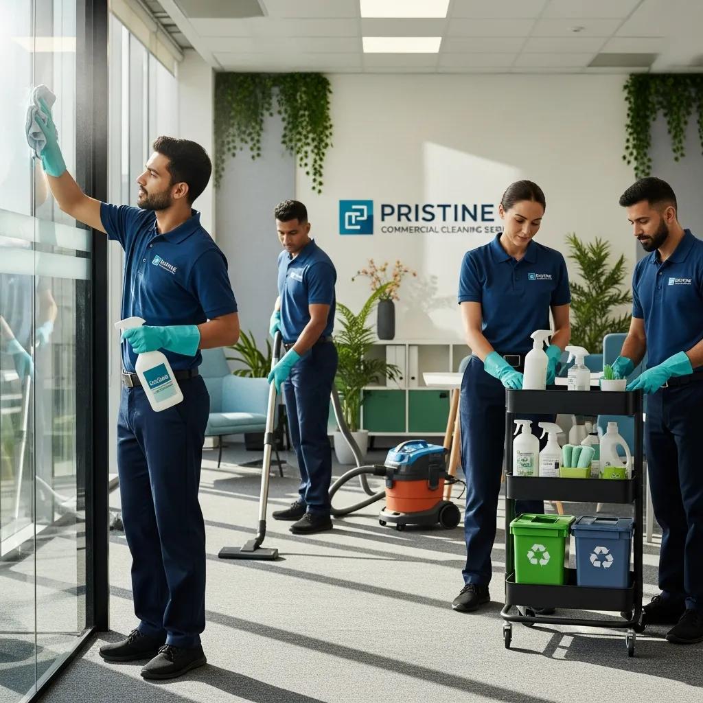 Diverse cleaning team using eco-friendly products in a modern office, representing flexible commercial cleaning services