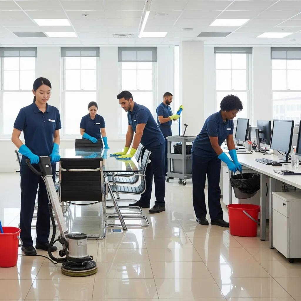 Diverse commercial cleaning team working efficiently in a modern office setting