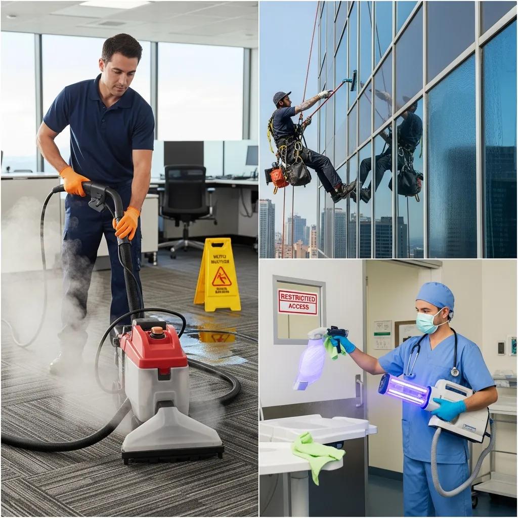 Technicians delivering specialised cleaning services—carpet, window, exterior and tile restoration