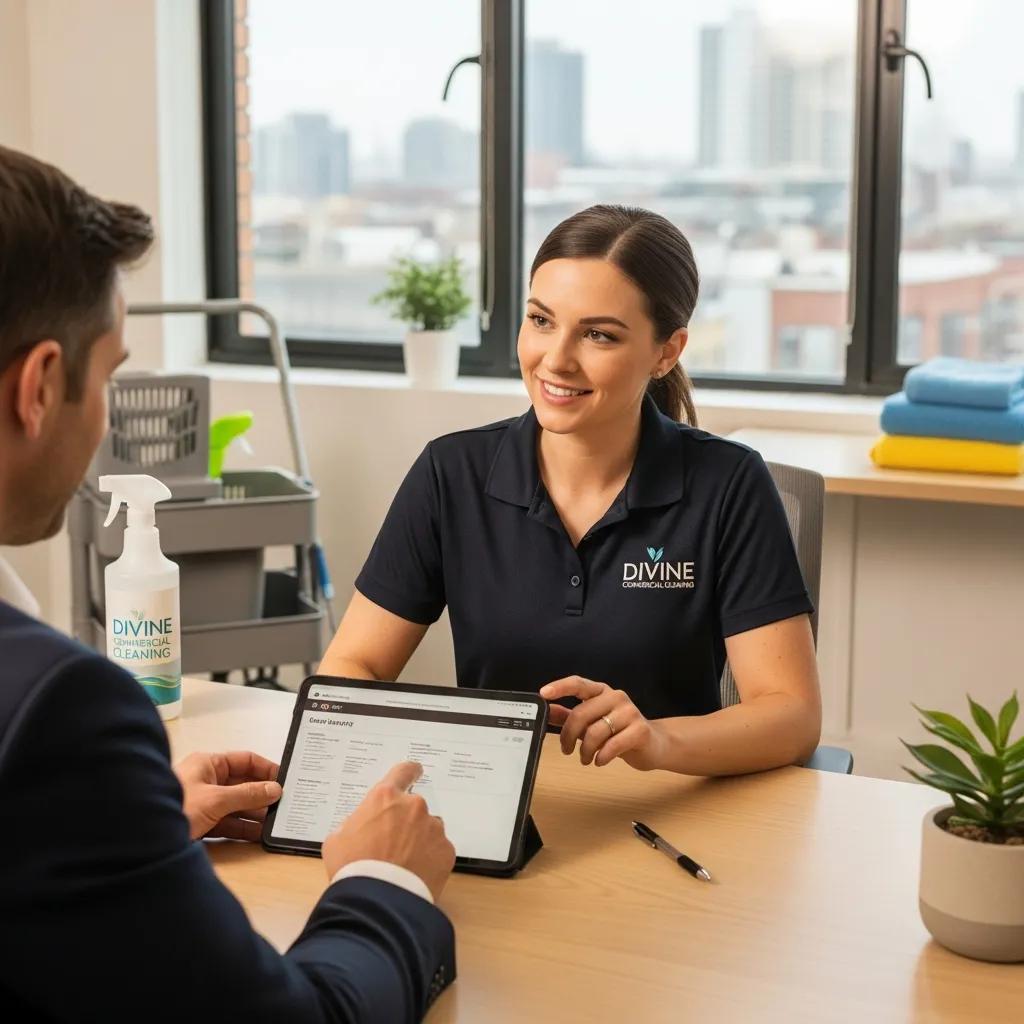 Divine Commercial Cleaning staff discussing a tailored quote with a client