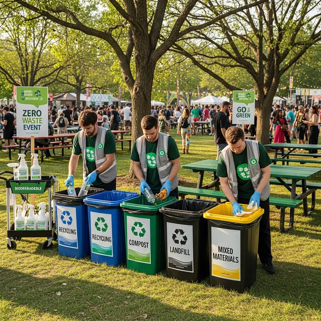 Eco-friendly cleaning practices at an event with waste sorting and biodegradable products