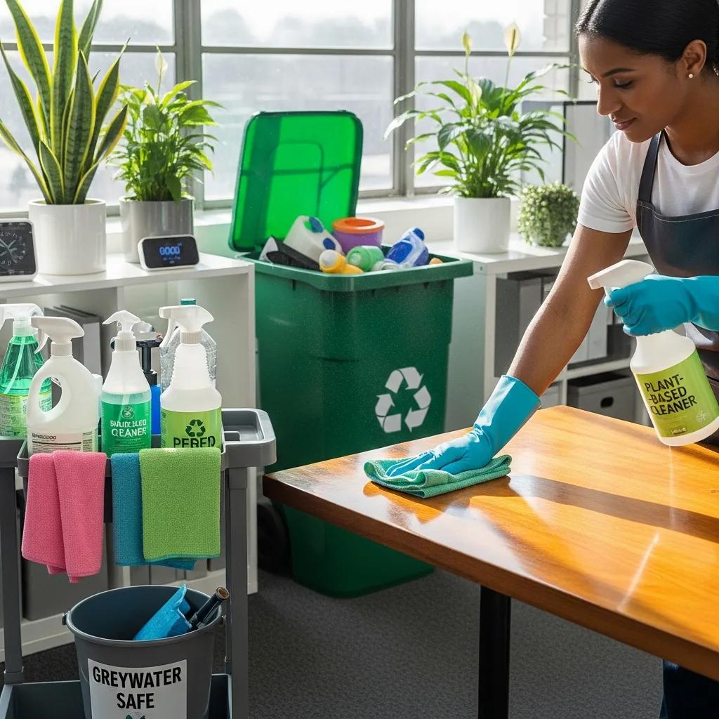 Eco-friendly cleaning practices in a commercial space, showcasing sustainability and health