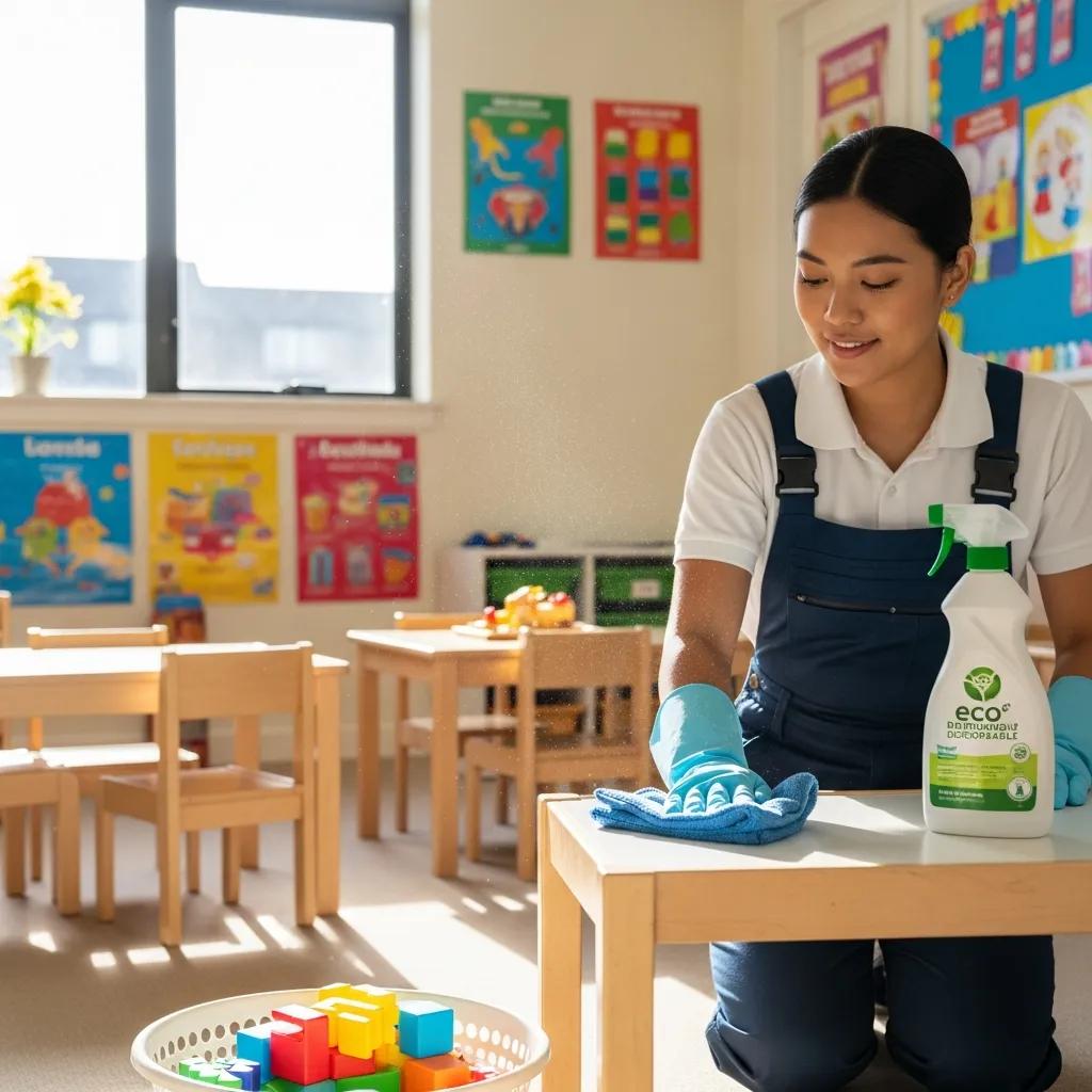 Eco-friendly cleaning in a daycare using biodegradable products and microfibre cloths