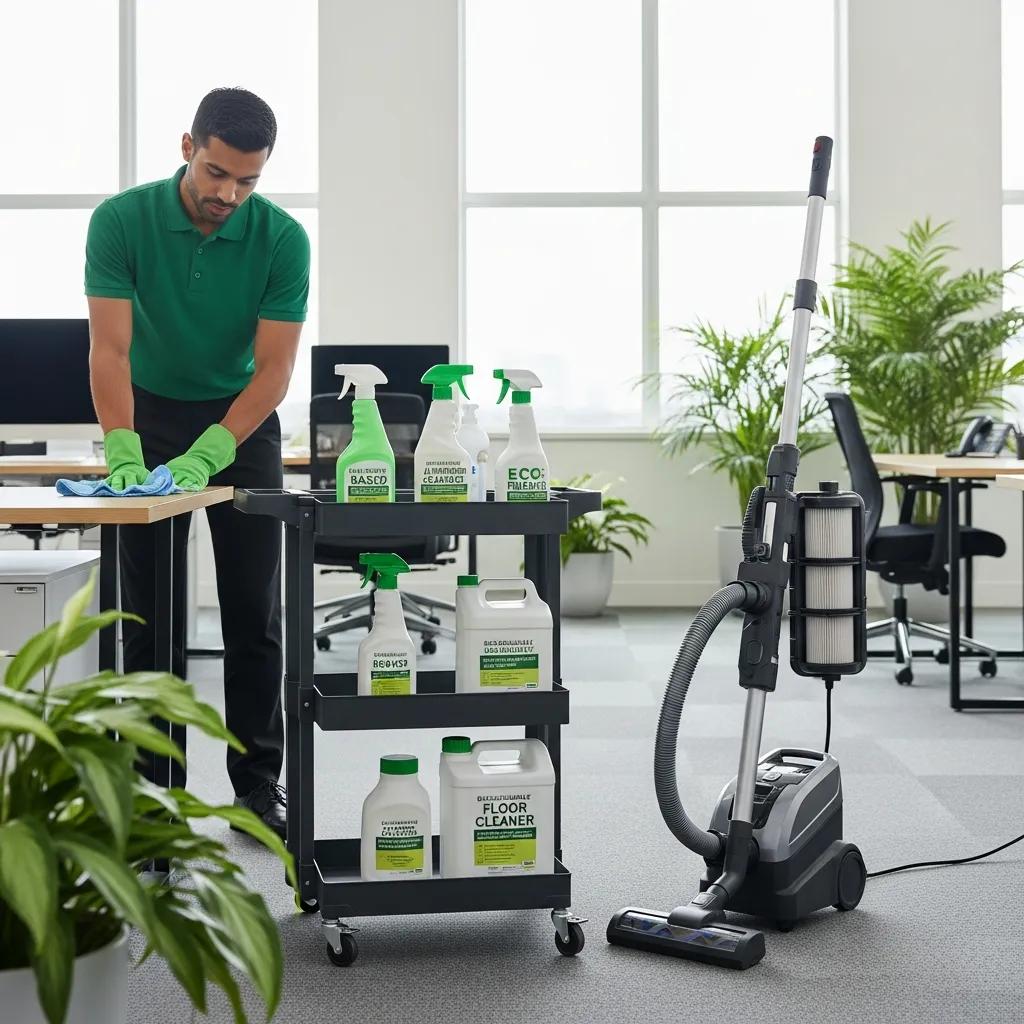Eco-friendly cleaning products and equipment in a bright office environment