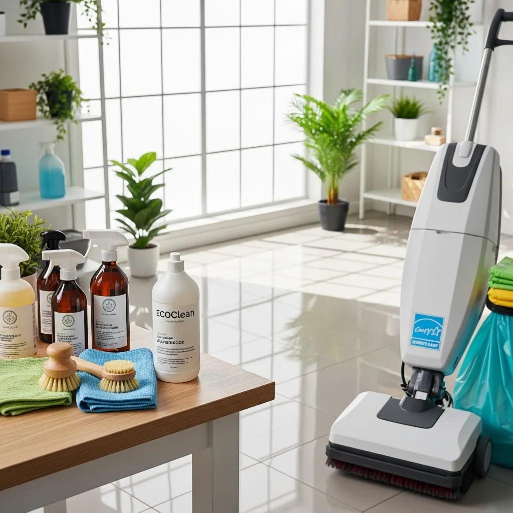 Eco-friendly cleaning products and energy-efficient equipment used for sustainable commercial cleaning