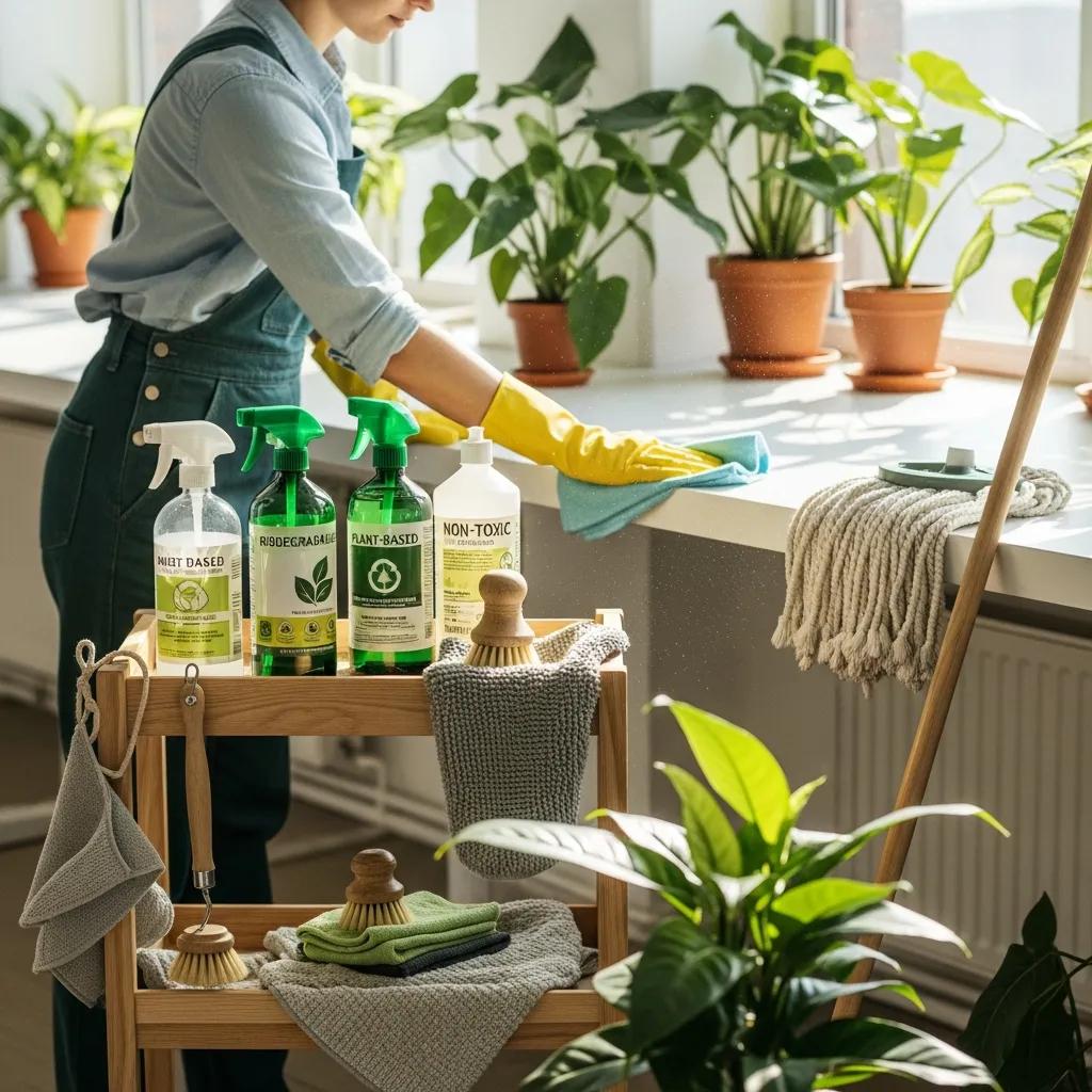 Sustainable cleaning products and methods in a bright, eco-friendly setting