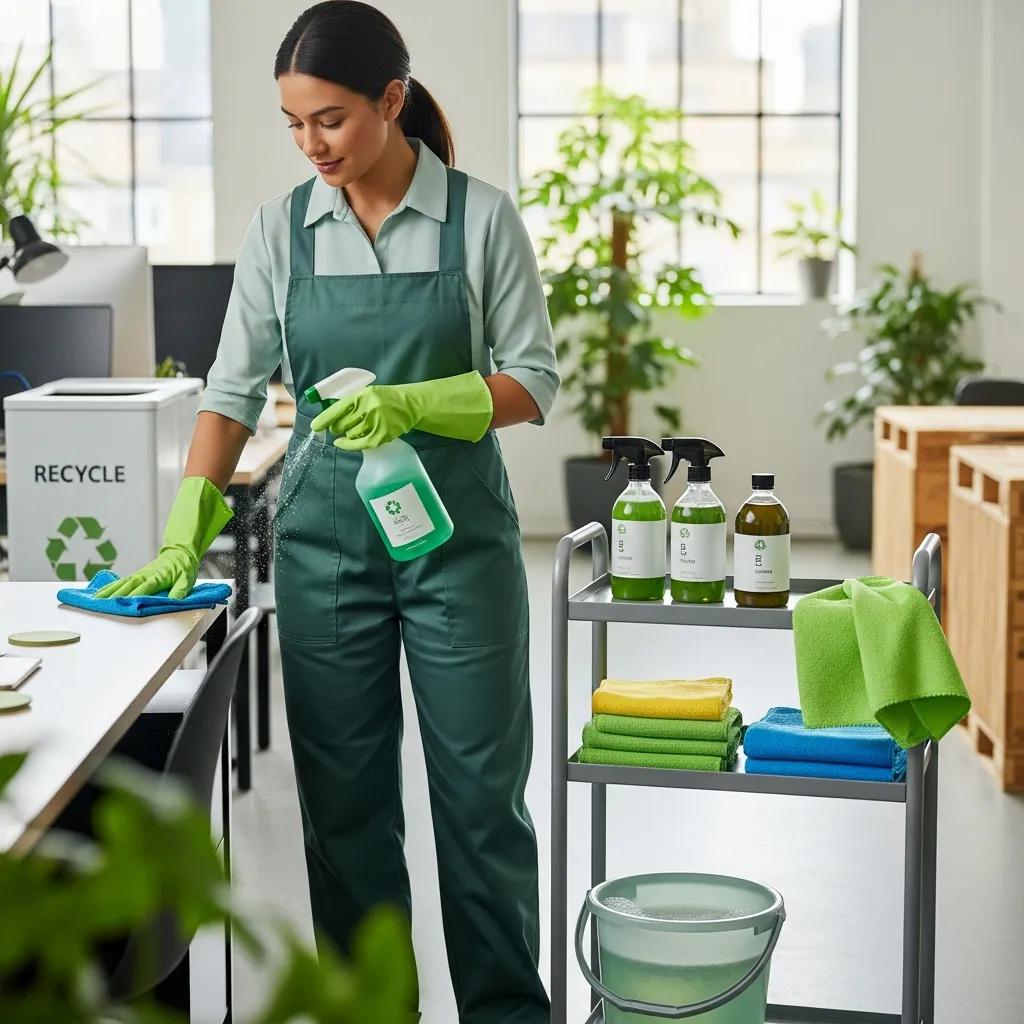 Eco-friendly cleaning supplies and equipment in a commercial space