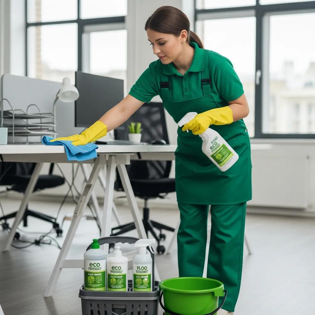 Eco-friendly cleaning products and practices in a modern office — sustainable cleaning solutions