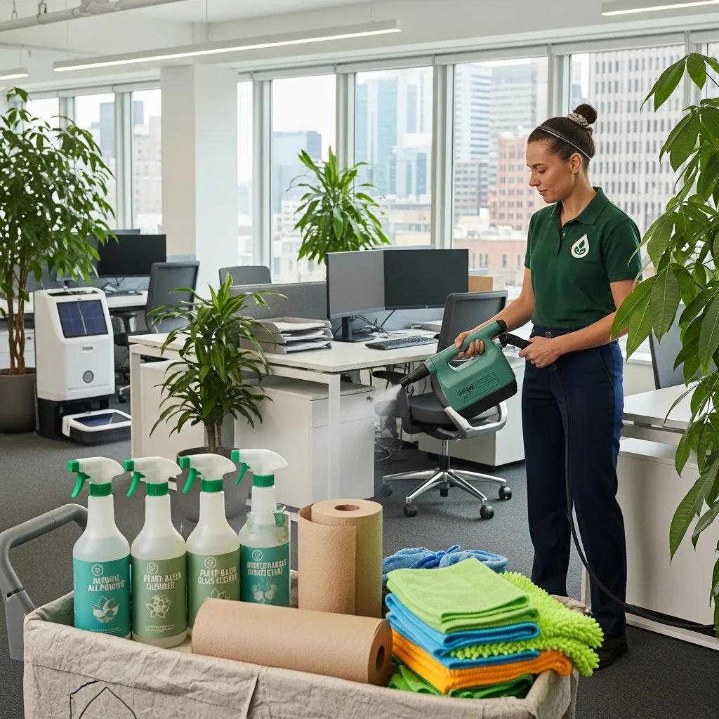 Green cleaning products and modern cleaning techniques being used in a contemporary office
