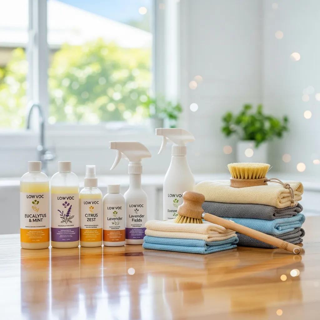 Selection of eco-friendly cleaning products and tools laid out neatly