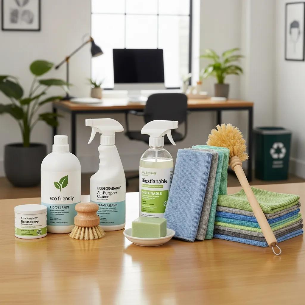 Eco-friendly cleaning products and microfibre tools used in an office to reduce chemicals and improve indoor air quality